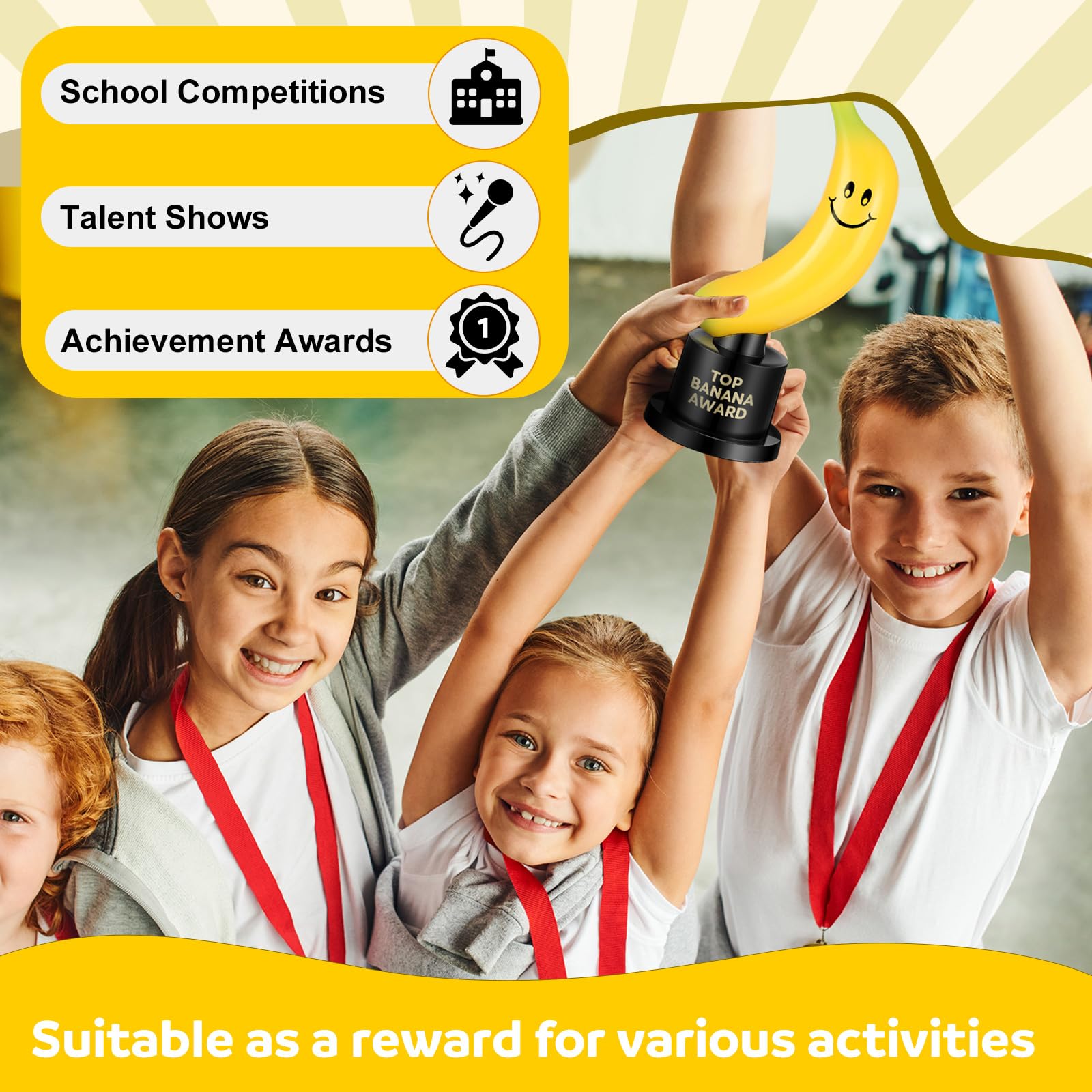 Tondiamo 12 Pcs Top Banana Award Trophy Plastic Cute Fun Award Trophy Smiling Yellow Banana on Black Stand Funny Trophies Gifts