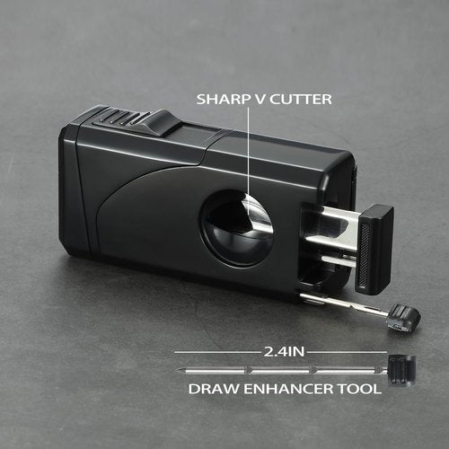 All in One Triple Jet Flame Butane Torch Lighter Built-in Cutter, Cutter V Cut, Punch, Holder Function, Draw Enhancer Tool, Refillable and Adjustable Windproof Lighter. Black(Sold Without Gas)