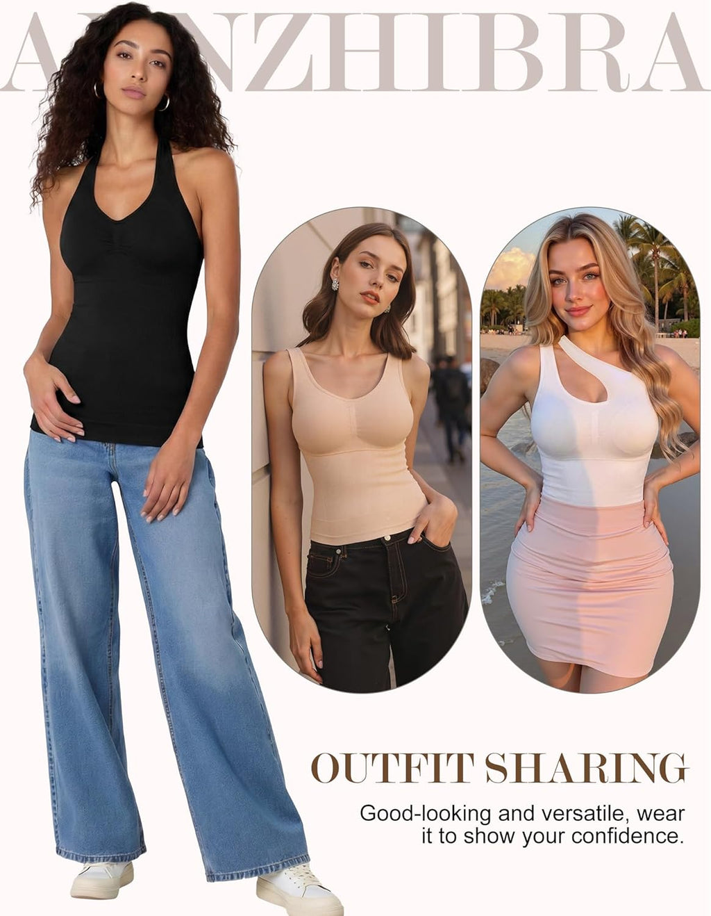 Skiennix Compression Shapewear Tank Top - V Neck Halter Design with Built-In Bra & Tummy Control