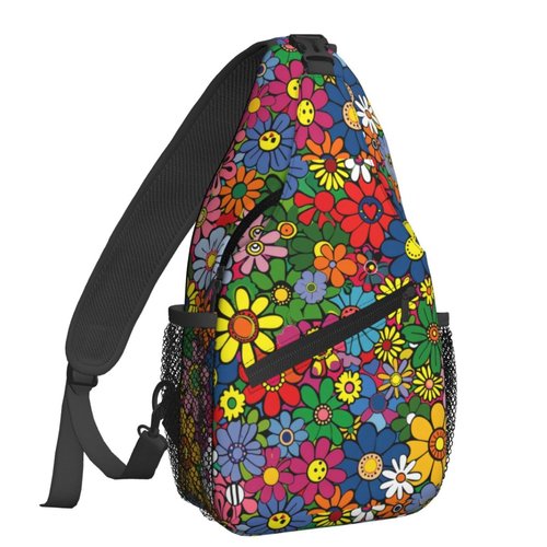 Famame Abstract Hippie Flower Sling Backpack Chest Bag Crossbody Shoulder Bag Gym Cycling Travel Hiking Daypack For Men Women