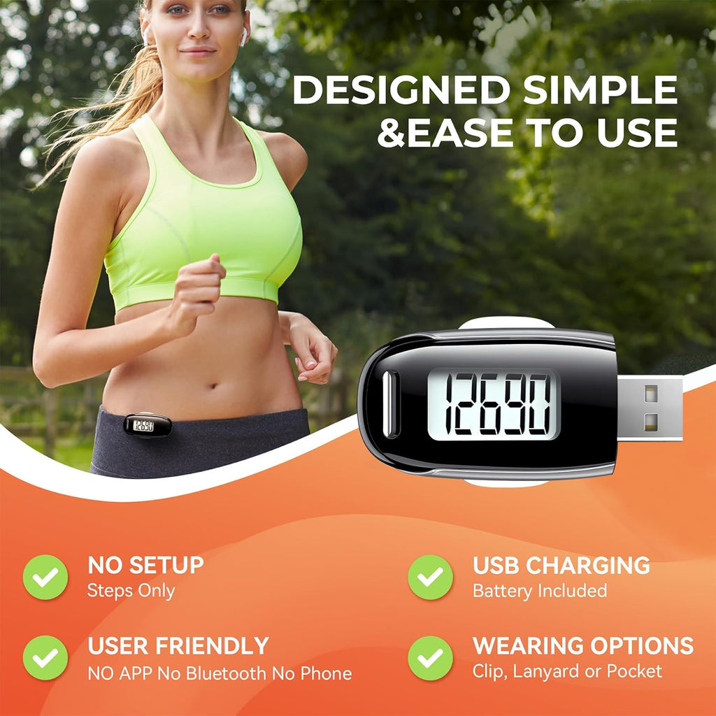 Skiennix 3D Pedometer - USB Rechargeable Step Counter with Backlight | Accurate Walking Tracker for All Ages