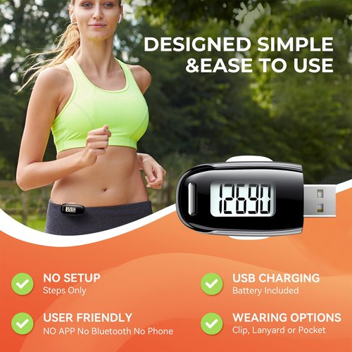 3D Pedometer for Walking, Simple Walking Step Counter with Removable Clip and Strap, USB Rechargeable Step Tracker with Backlight, Accurate Step Counter for Men Women Seniors - Black