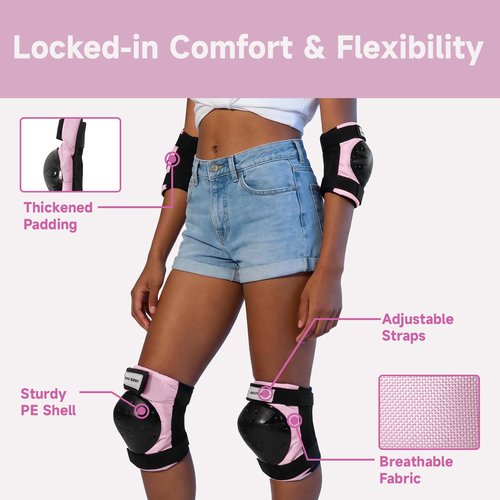 RollingBunny Skating Protective Gear Set for Adults & Youth - Helmet, Knee Pads, Elbow Pads & Wrist Guards for Inline Skating, Roller Skating & Skateboarding (Ages 14+) (Pink)