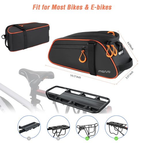 MOSISO Bike Rack Bag, 8L Waterproof Bicycle Rear Rack Trunk Bags with Orange Pull Tabs, Bike Rear Seat Bag Bicycle Storage Saddle Luggage Bags with Shoulder Strap for Road Mountain Cycling, Black