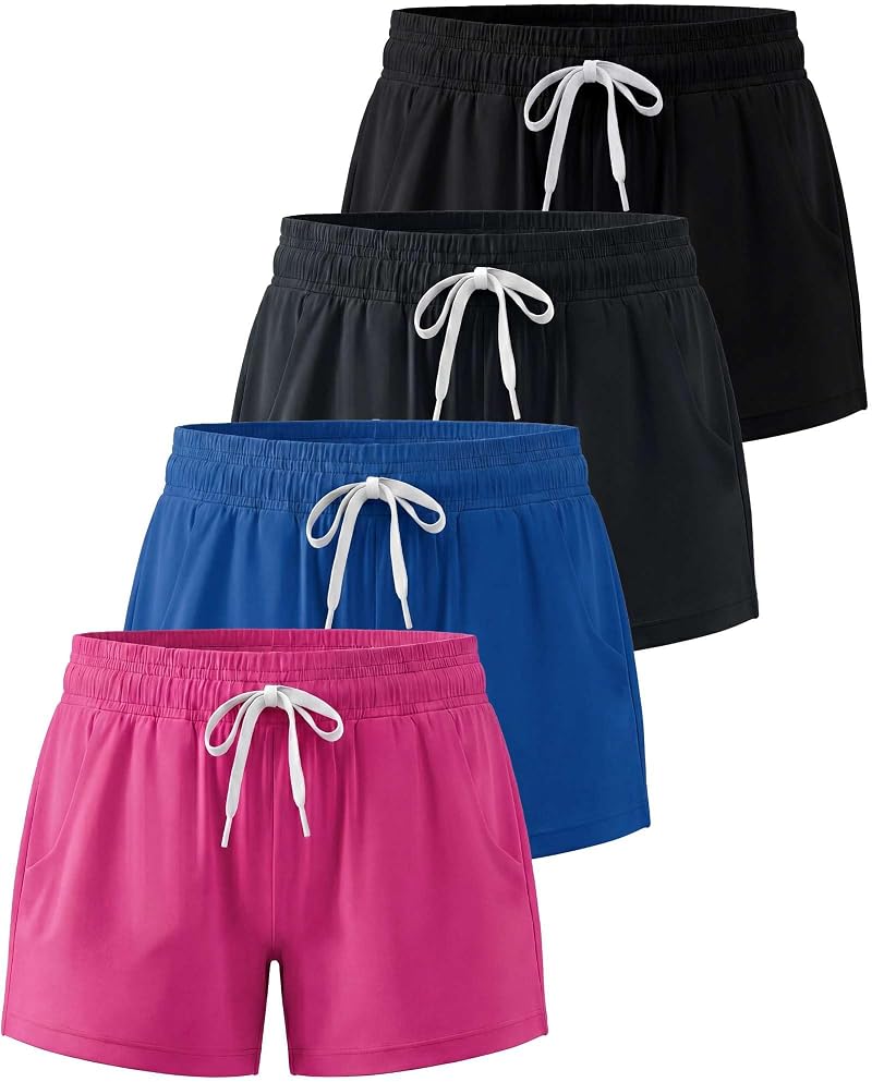 Girls' Dry Fit Shorts 4 Pack with Pockets - Sport/School Athletic Performance (Size 5+ Small Variation)