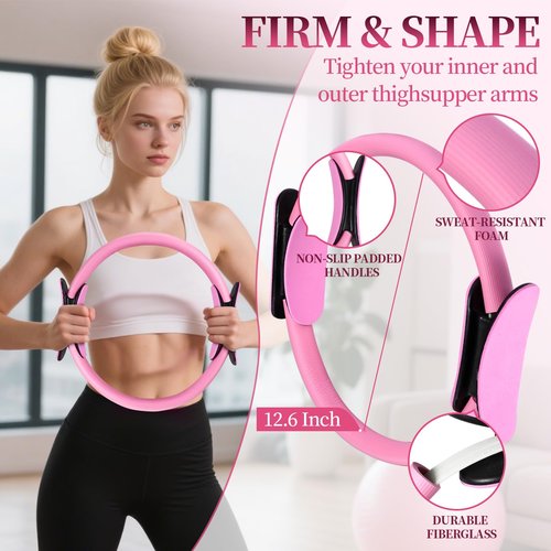 Pilates Essentials Kit for Women 15 Pcs Pilates Equipment for Home Workouts with Yoga Circle Ball Ring, 5 Resistance Bands,Pedal Puller Resistance Band,Anti Slip Socks for Starter Set,Pink