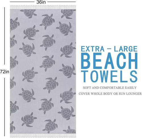 Genovega Oversized Cotton Beach Towel - Lightweight, Quick-Dry, Sandless | 72"x36", Grey Turtle Design