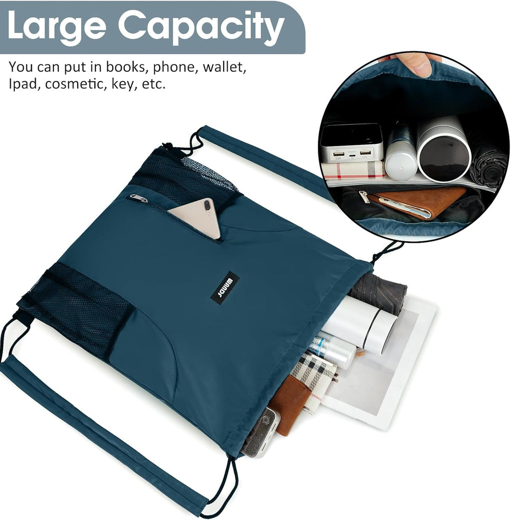 WANDF Drawstring Backpack - Comfortable Sports Gym Bag with Mesh Pocket | Blue-Green Color