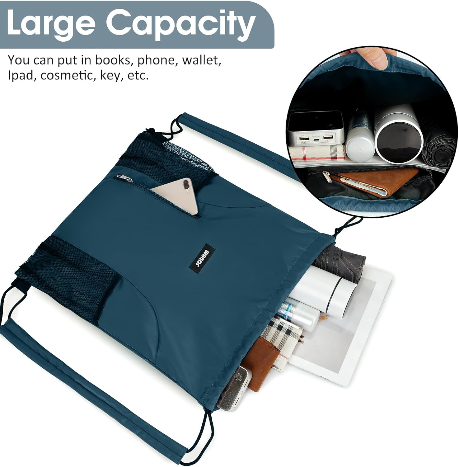 WANDF Drawstring Backpack - Comfortable Sports Gym Bag with Mesh Pocket | Blue-Green Color