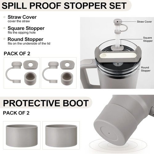 HYZ Silicone Spill Proof Stopper Set - 8 Piece Accessories for Stanley H2.0 Tumblers | Ash Color