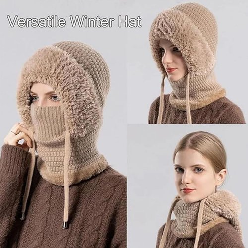 3 in 1 Beanie Hat with Scarf and Mask, Women Fleece Lined Beanie Hat Scarf Mask Set, Autumn and Winter Knitted Hat for Women (Black)