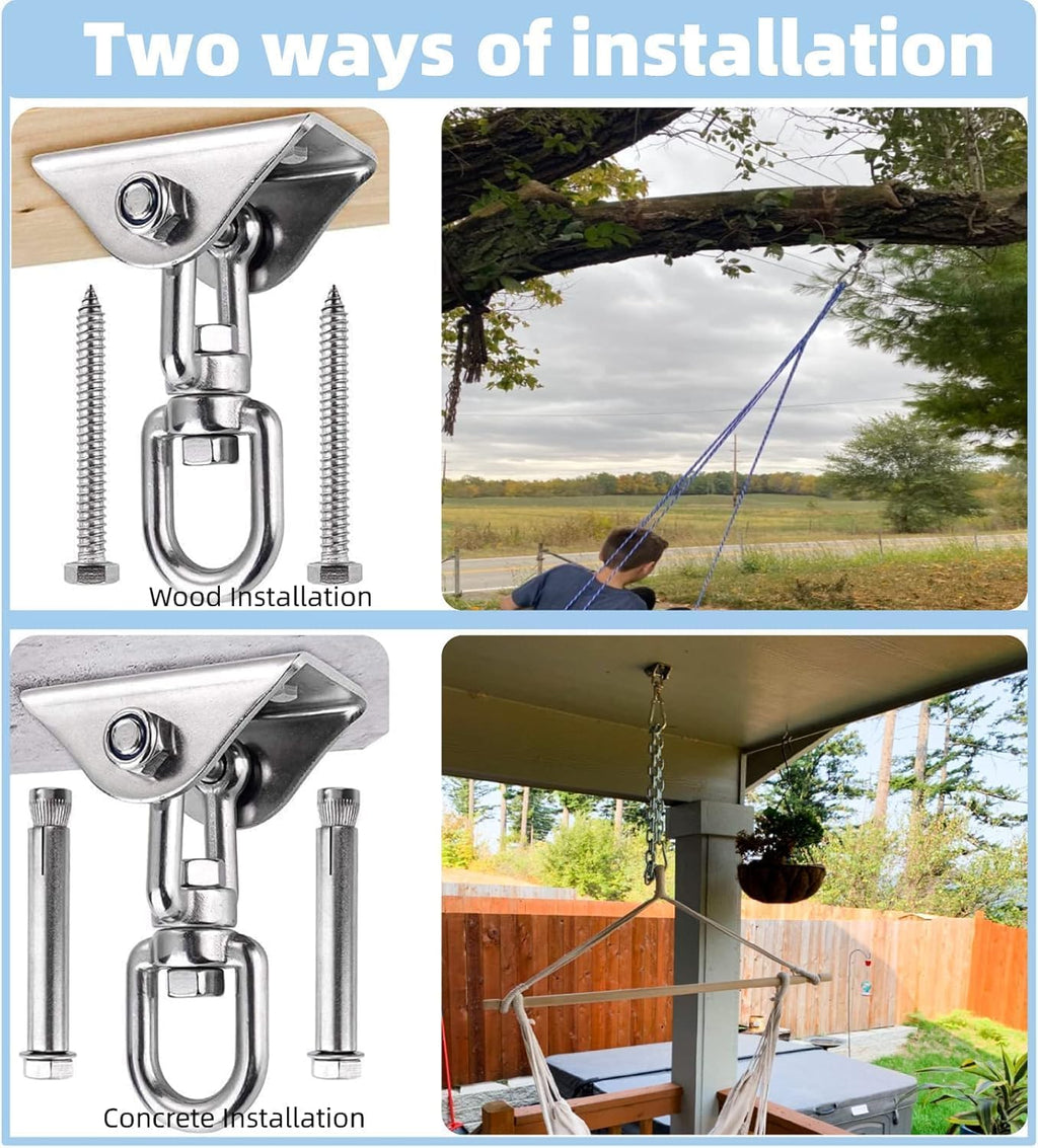 Skiennix Swing Hanger - Heavy Duty 2000LB Capacity Hammock Kit | 360° Rotating Stainless Steel Brackets - 2 Packs
