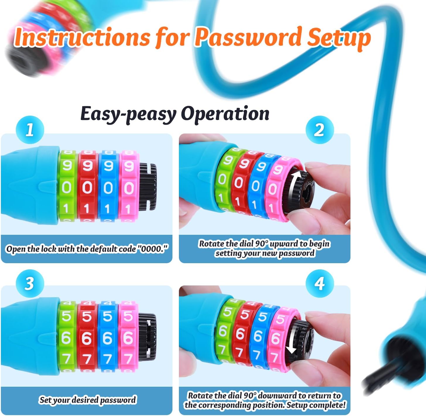 Sportneer Cable Lock - High Security 4-Digit Resettable Bike Lock | 25.6-Inch Colorful Keyless Lock for Kids - Blue
