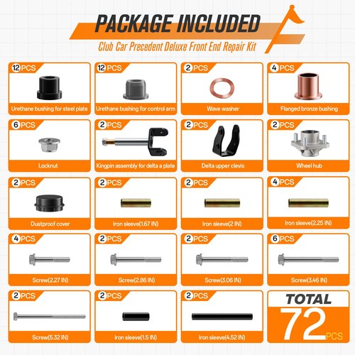 GODCTSUP Golf Cart Deluxe Front End Repair Kit for Club Car Precedent 2004-Up Gas&Electric, Club Car Precedent Rebuild Kit with Front Wheel Hub Bearing King Pin Bushings Full Sets