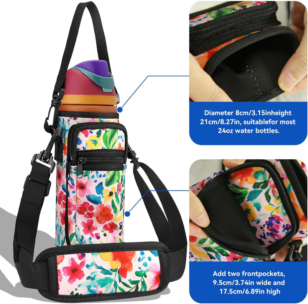 Owala | Neoprene Water Bottle Holder Bag - Adjustable Shoulder Strap & Cell Phone Pocket - 24 oz
