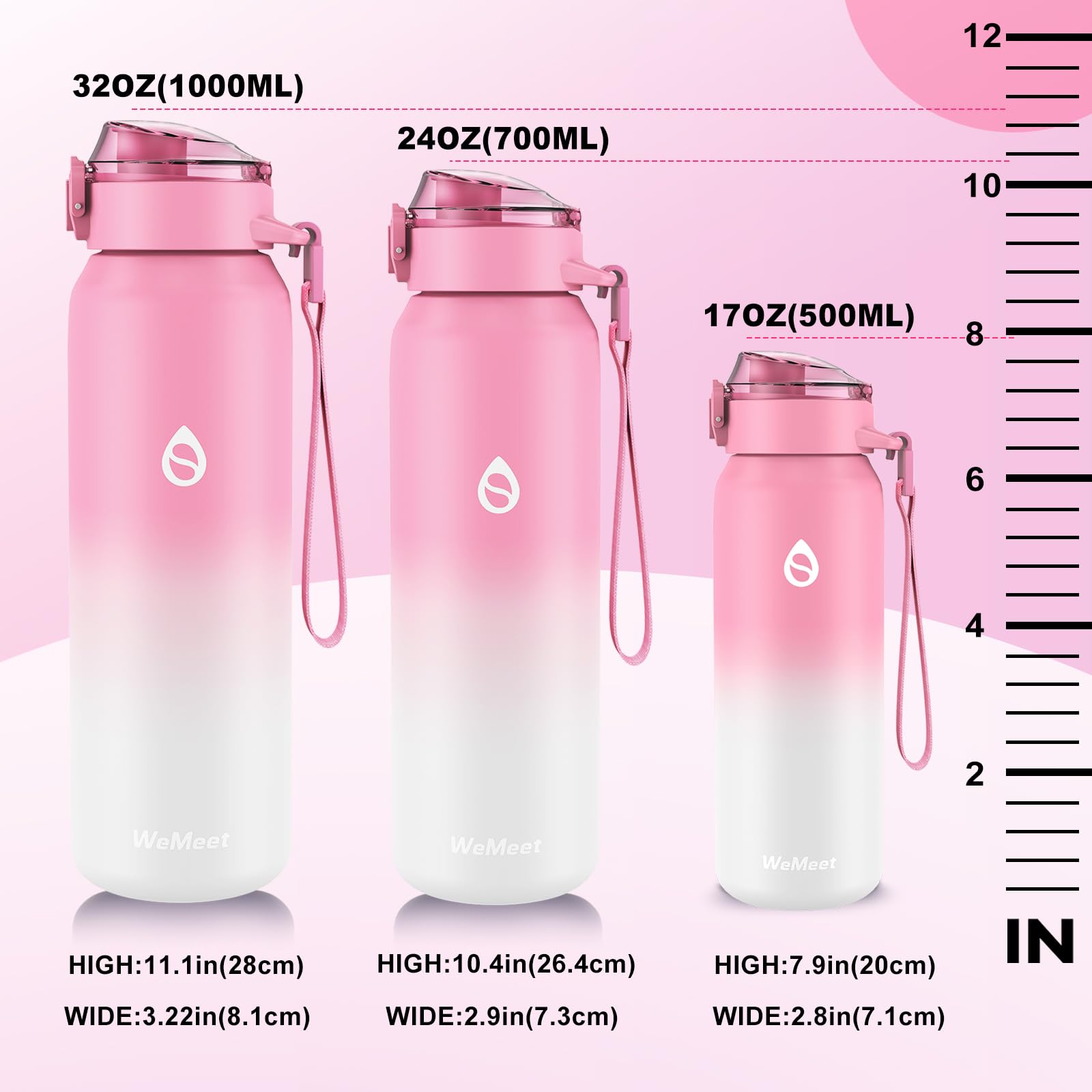 WEMEET Insulated Water Bottle with Removable Straw 17oz, 18/10 Stainless Steel Double Walled Water Cup for Sports, Gym, Travel, and School(PINK WHITE)