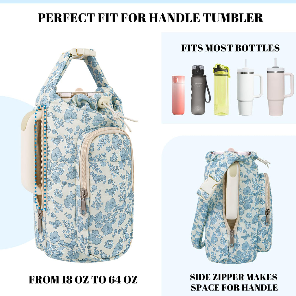 Water Bottle Holder Bag with Strap, Quilted Floral Bag for Stanley Cup, 40/32 oz Crossbody Pouch Gym Accessories, Sling Purses with Phone Pocket for Men Women Hiking Travelling Camping (Blue)