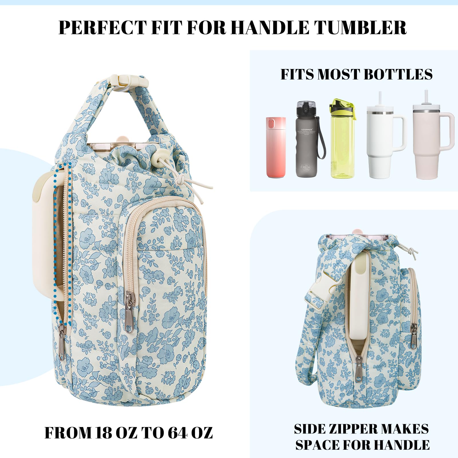Water Bottle Holder Bag with Strap, Quilted Floral Bag for Stanley Cup, 40/32 oz Crossbody Pouch Gym Accessories, Sling Purses with Phone Pocket for Men Women Hiking Travelling Camping (Blue)