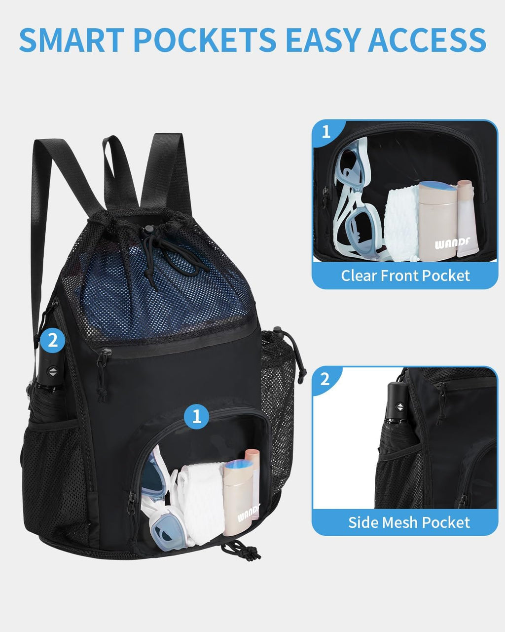 WANDF Swim Bag - Sandproof Beach Backpack with Wet Pockets & Tumbler Side Pockets | Black
