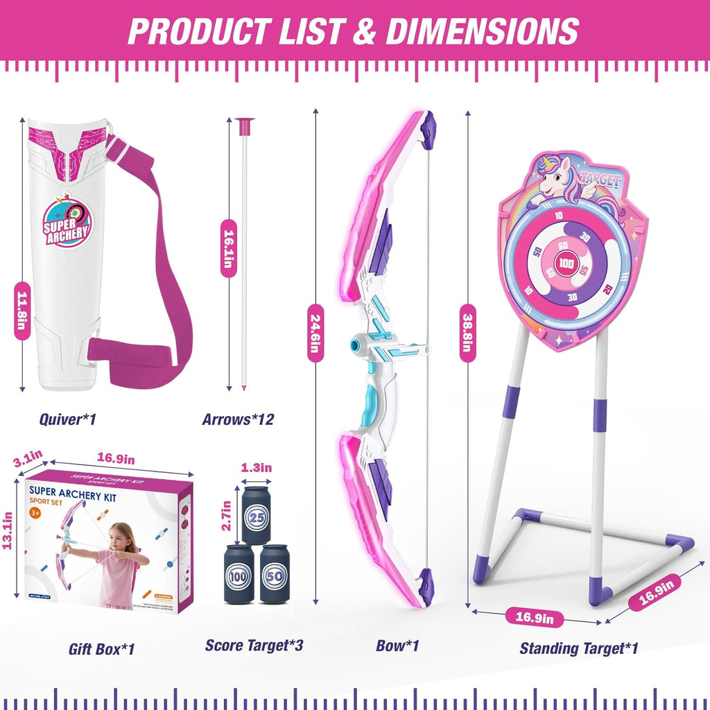 Skiennix LED Light Up Unicorn Bow and Arrow Set - 12 Suction Cup Arrows & Glow Target for Kids Ages 4-12