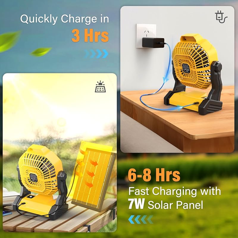 Solar Fan with LED Lantern, 7W Solar Panel, 10400mAh Battery, Quiet Outdoor Tent Camp Lantern Fan – Yellow