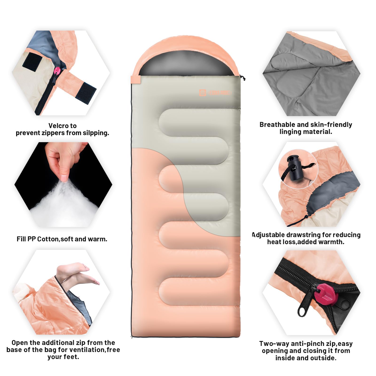 Sleeping Bags for Adults&Kids,Lightweight Waterproof Warm Weather Sleeping Bag,Compact Portable Sleeping Bag for Camping,Essentials Gear for Camping Hiking Outdoor Travel (Pink&Khaki)