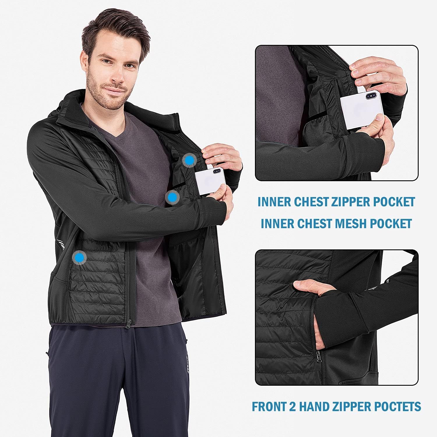 Baleaf Men's Lightweight Running Jacket - Warm Puffer Hybrid Coat for Hiking & Golf | Insulated Design