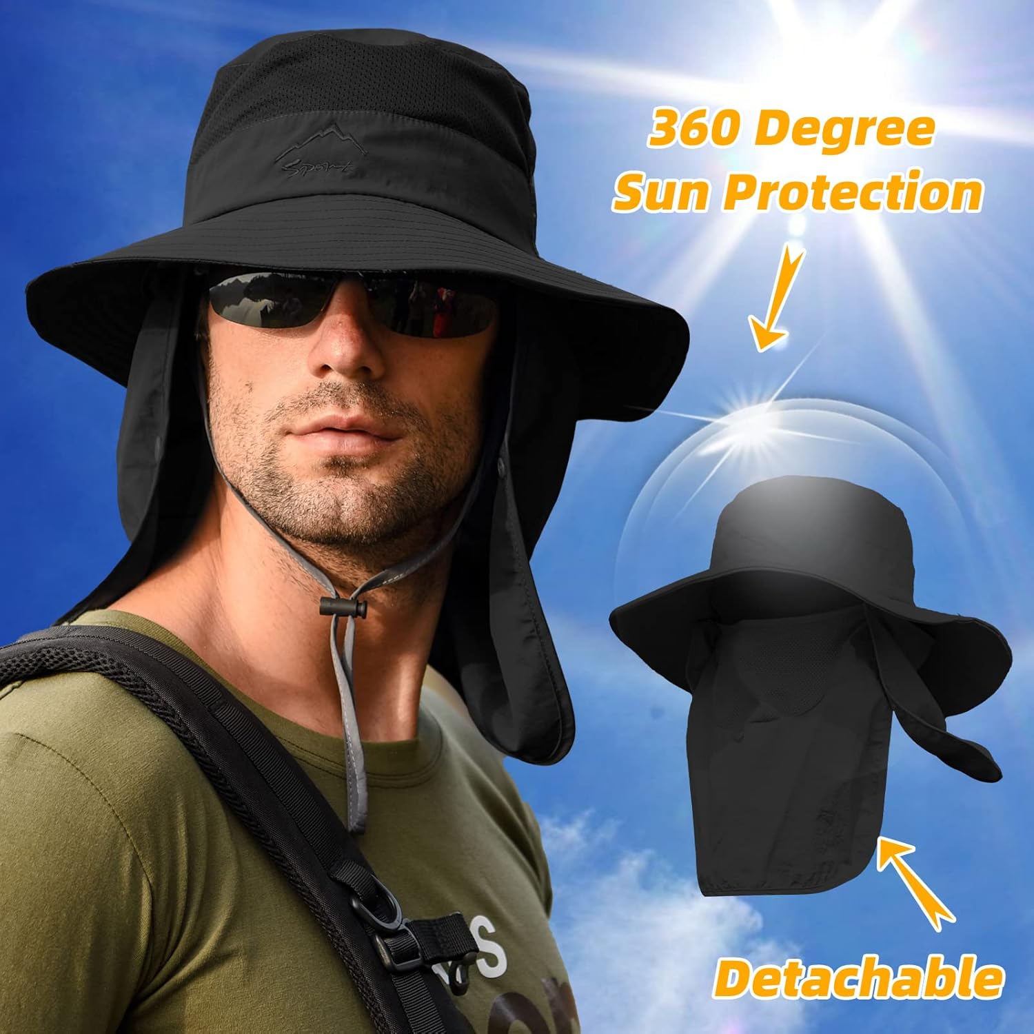 Skiennix Fishing Hat - Sun Protection with Removable Mesh Face & Neck Flap | Windproof Strap for All