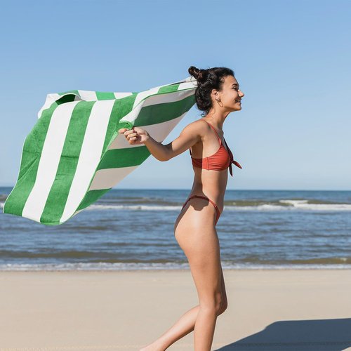 Cabanana Large Oversized Beach Towel - Soft Green Striped Cotton Pool Towel | 35 x 70 Inch