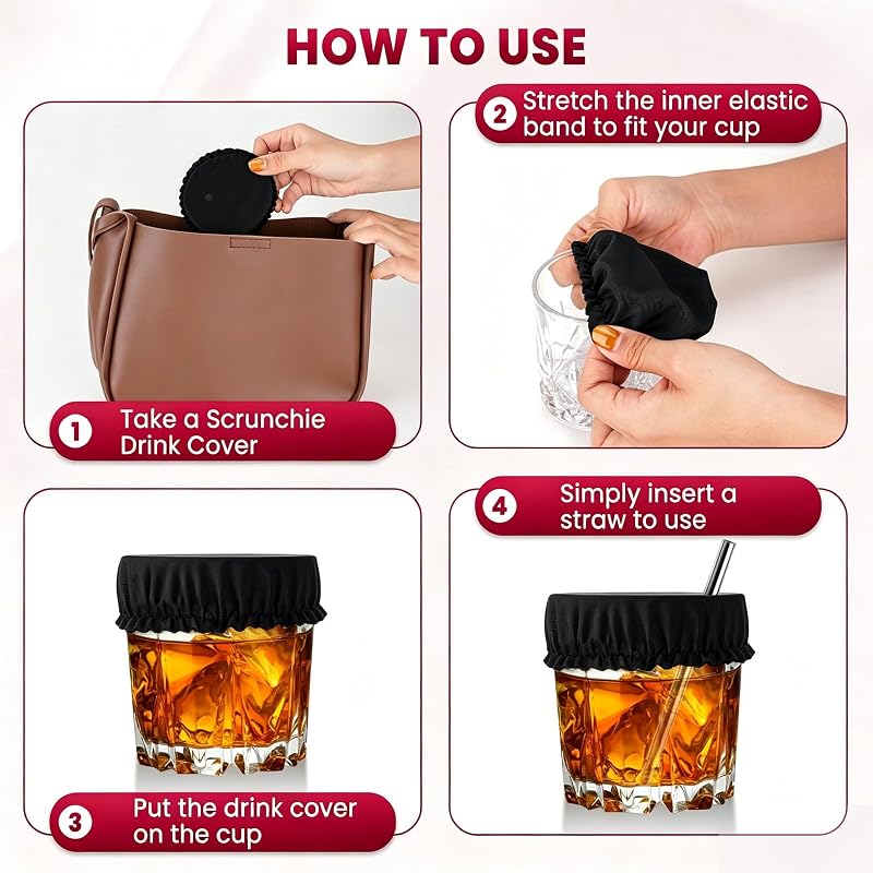 Reusable Scrunchie Drink Covers 12Pcs with Straw Hole – Dark Colors (Black, Navy, Dark Red) for Cups & Glasses