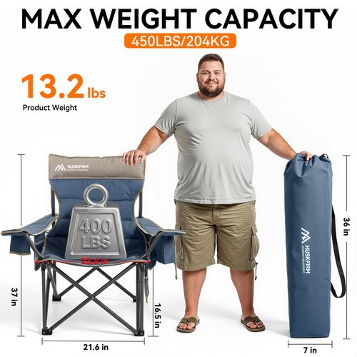 Huskfirm Heated Camping Chair Extra Wide Heated Chair Heavy Duty Heated Camp Chair Supports 450 lbs Heated Lawn Chairs for Adults with Cup Holder, Cooler, Side Pocket (Power Bank not Included)