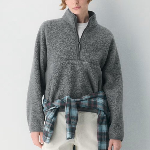 Keeliya Womens Fleece Sweatshirts Cropped Half Zip Fuzzy Warm Sherpa Pullover Varsity Jackets with Zipper Pockets(Dark-Grey,M)