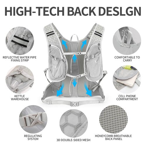 IX INOXTO Hydration Pack Backpack, Lightweight Water Backpack with 2L Hydration Bladder Daypack for Men Women,Running Hydration Vest for Trail Running Hiking Cycling Race Climbing (Grey White - 2L)