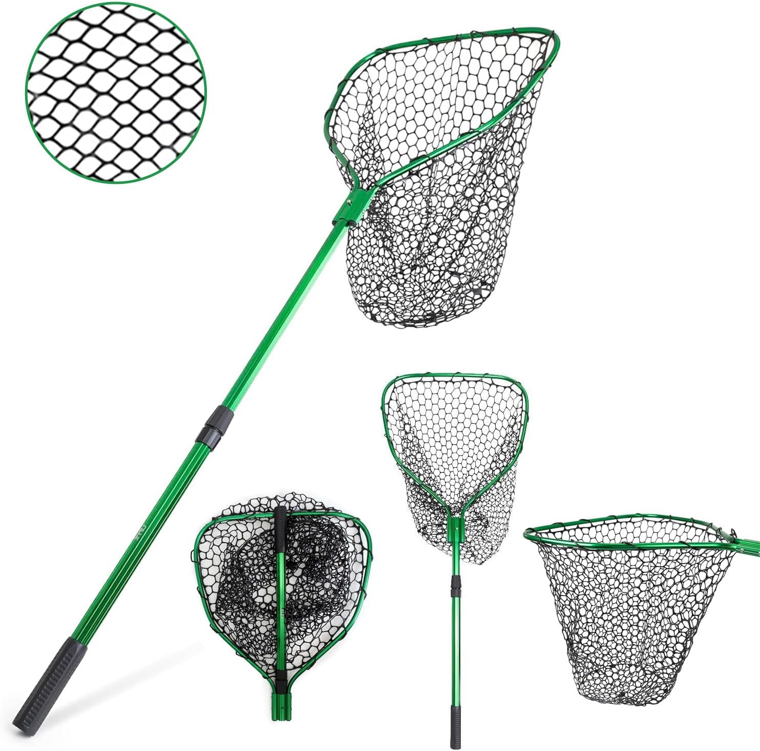 UMT Telescopic Fishing Landing Net - 3.6–5 Ft Adjustable Length, 17" x 19" Large Hoop, Green Silicone Mesh