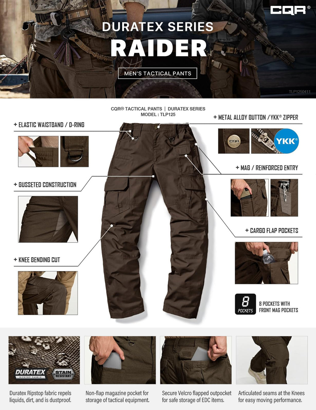 CQR Men's Tactical Pants, Water Resistant Ripstop Cargo Pants, Lightweight EDC Work Hiking Pants, Outdoor Apparel, Duratex Mag Pocket Dark Brown, 32W x 34L