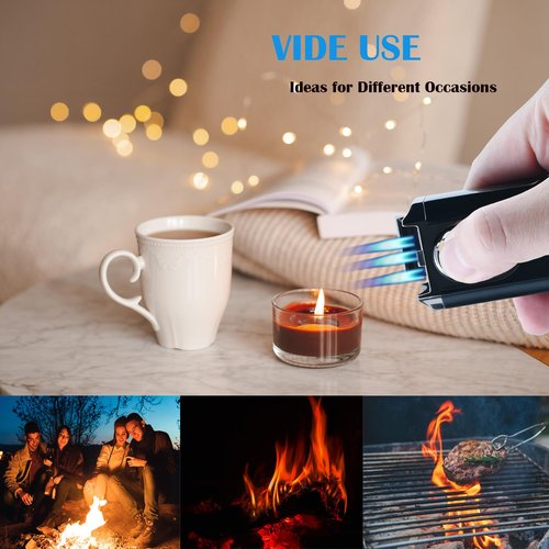 Reetsing Windproof Triple Jet Flame Torch Lighter with Stand – Refillable and Adjustable 3 Flame Lighter with Built-in V-Cut, Quality Gift for Men（Without Butane）