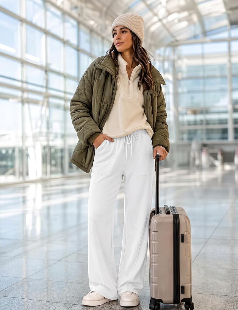 LOMON White Wide Leg Fleece Sweatpants for Women, Small