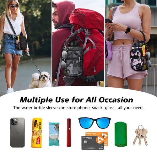 AceTreker 64 oz 128 oz Neoprene Water Bottle Holder with Strap & 5 Pockets for Insulated Metal Hydro Jug Water Bottles, Thermo Flask Sleeve Carrier Bag for Camping Trip-Purple Rose