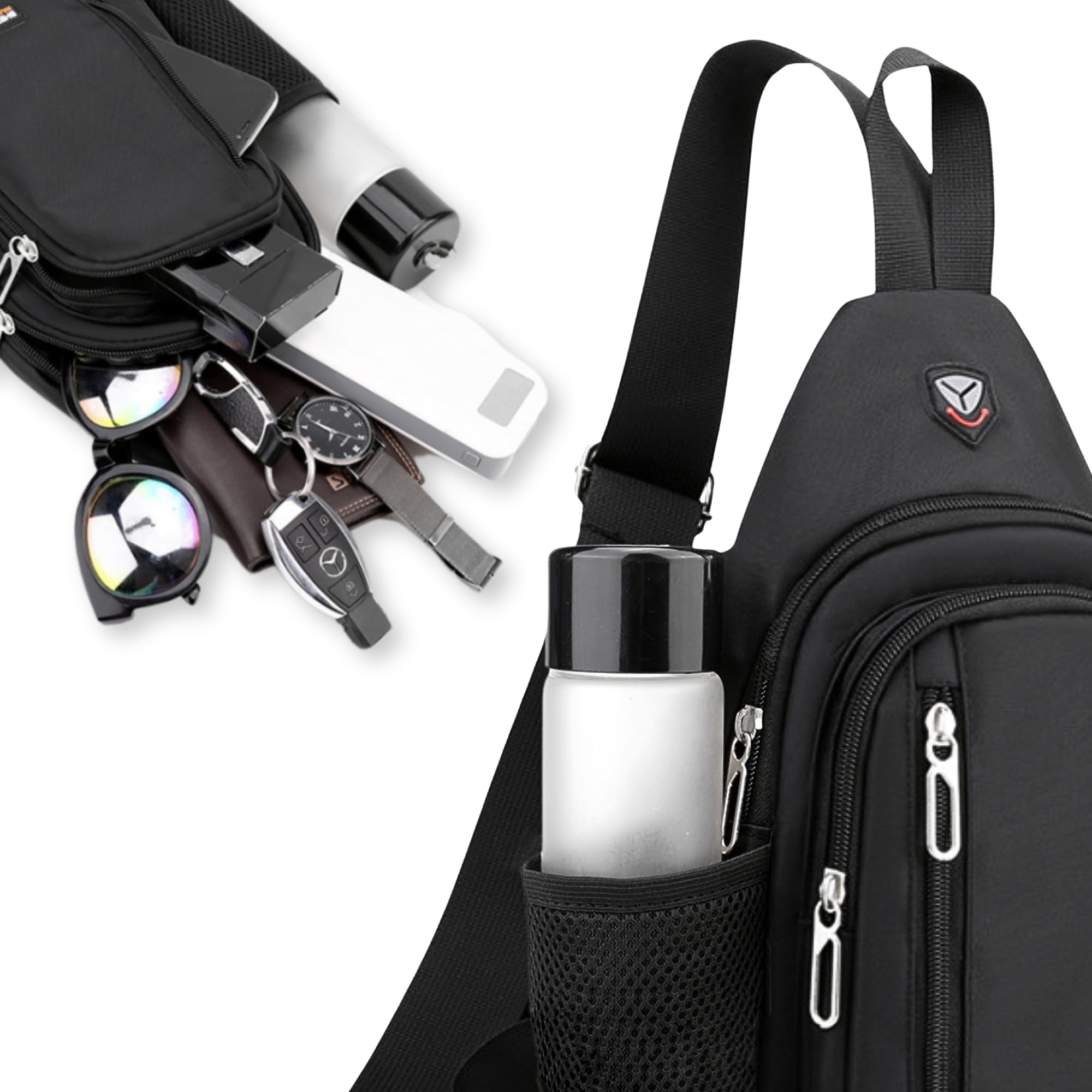 Travel Lightweight Sling Bags with Key Ring Strap Bottle Holder Earphone Hole, Adjustable Nylon Crossbody Shoulder Backpack, Water Resistant (Gray 02)
