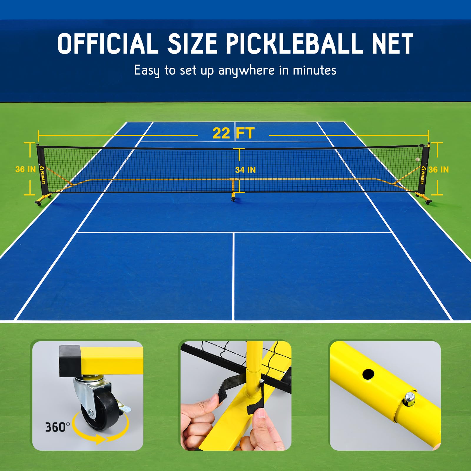 Patiassy Tournament-Grade Pickleball Net, IFP/USAPA Standards Regulation Size, Rust-Resistant Aluminum Frame with Tension System for Semi-Permanent or Mobile Use Blue