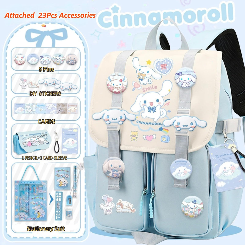 Vivixilan Kawaii Backpack with 22Pcs Accessories Anime Cartoon Anti-Theft Travel Aesthetic New Semester Gifts Bag with Cute Pin