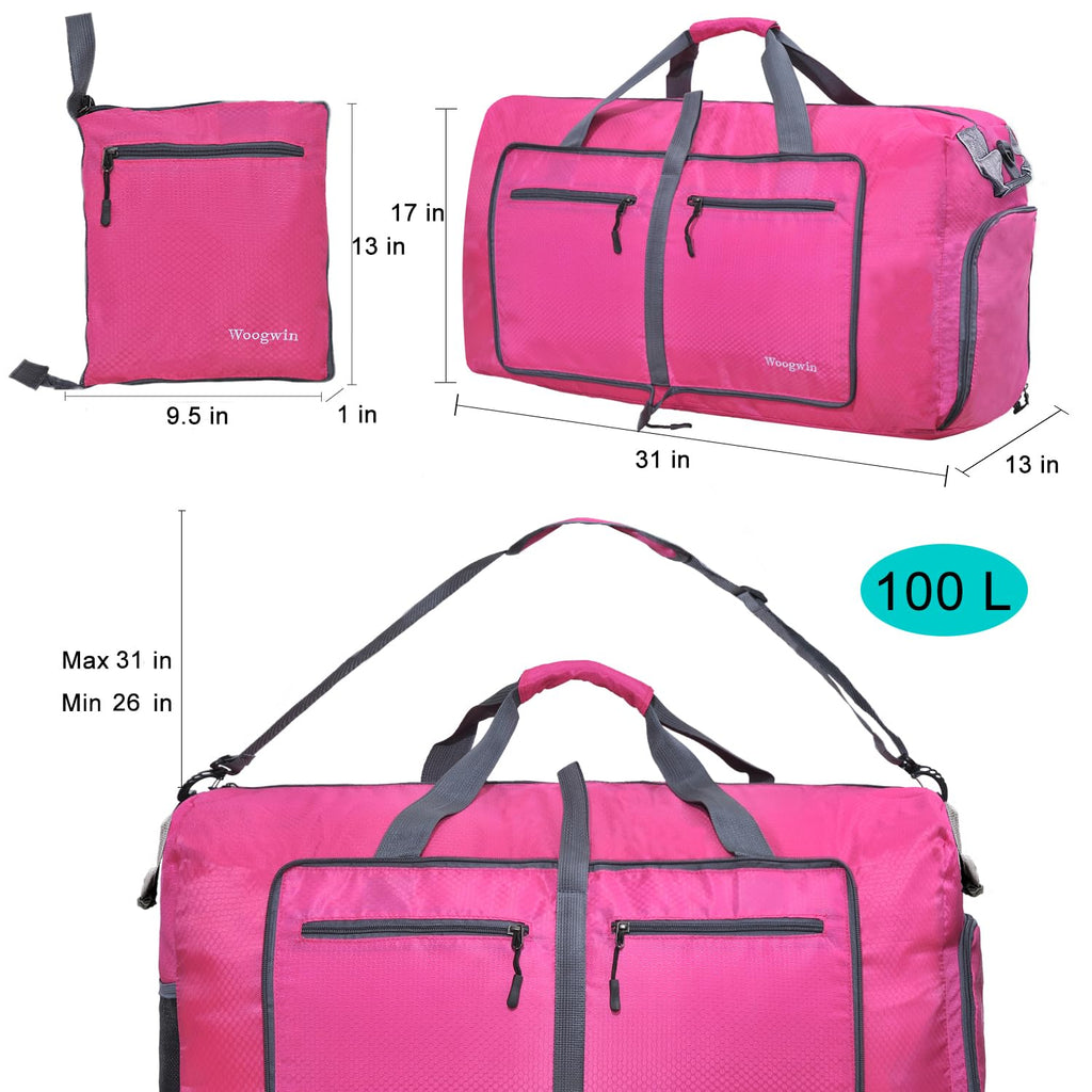 Woogwin Travel Duffel Bag Large Foldable Waterproof Overnight Bag for Beach Swim Bags Pool Sports Gym (100L Rose)