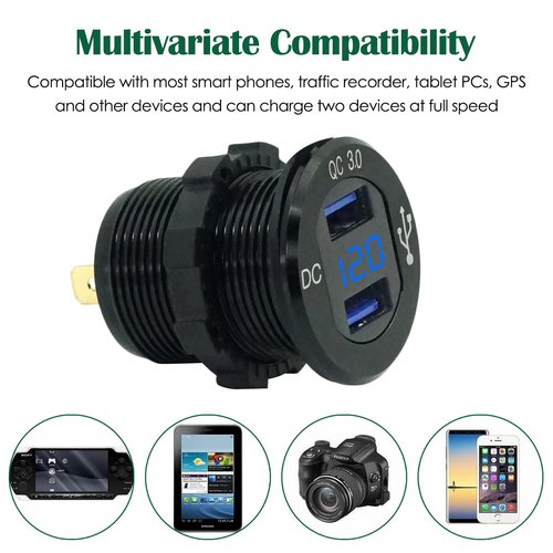 LENKRAD Quick Charge 3.0 USB Outlet 12V/24V with Blue Voltmeter, Waterproof Marine New Energy USB Outlet,Rv Dual USB Charge Port Electrical Outlet with Fast Charge USB for Golf Cart Motorcycl