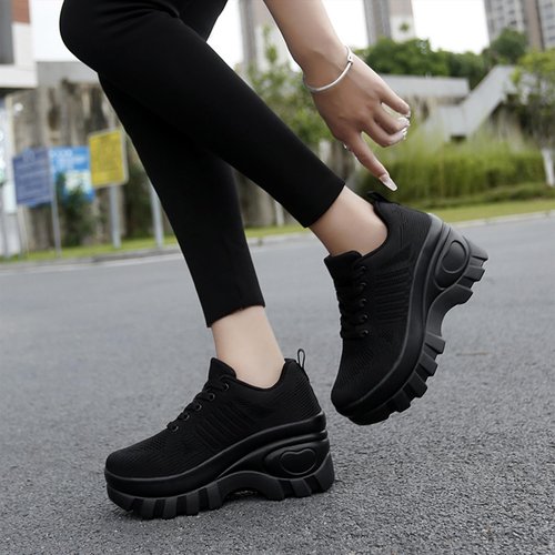 Women's Chunky Platform Comfort Orthopedic Wedge Walking Shoes Fashion Knitted Breathable Lace Up Lug Sole Casual Non-Slip Running Shoes With Arch Support (black, Adult, Women, 10, Numeric, US Footwear Size System, Medium)