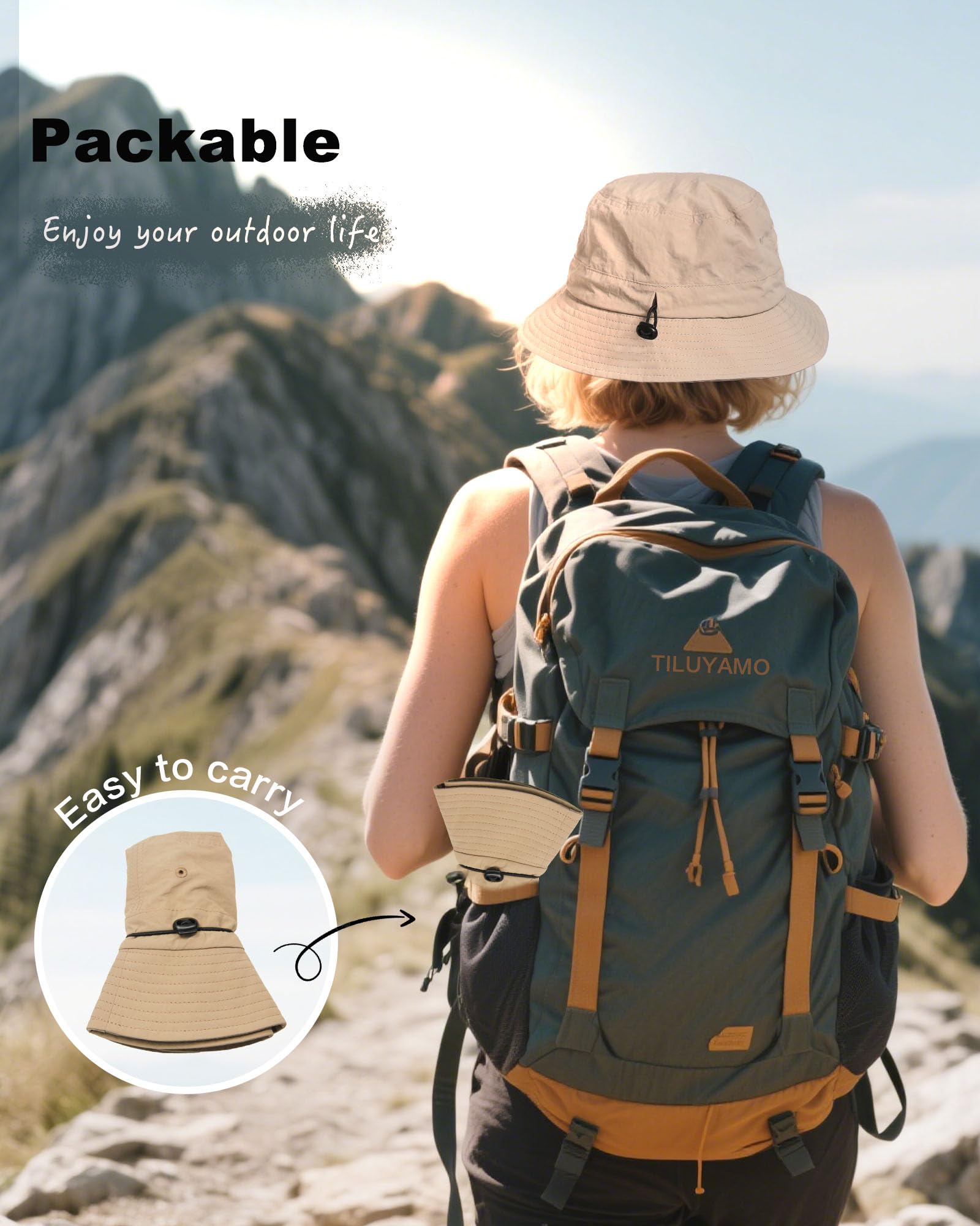 TILUYAMO Waterproof Bucket Hat Rain Hat for Women Men UV Protection Packable Sun Hat Fishing Hiking (Beige)