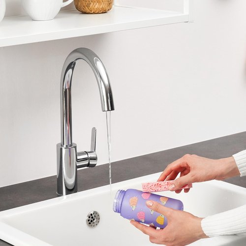 Ion8 Small Water Bottle, 350 ml/12 oz, Leak Proof, Easy to Open, Secure Lock, Dishwasher Safe, BPA Free, Carry Handle, Hygienic Flip Cover, Easy Clean, Odor Free, Carbon Neutral, Purple, Hedgehog