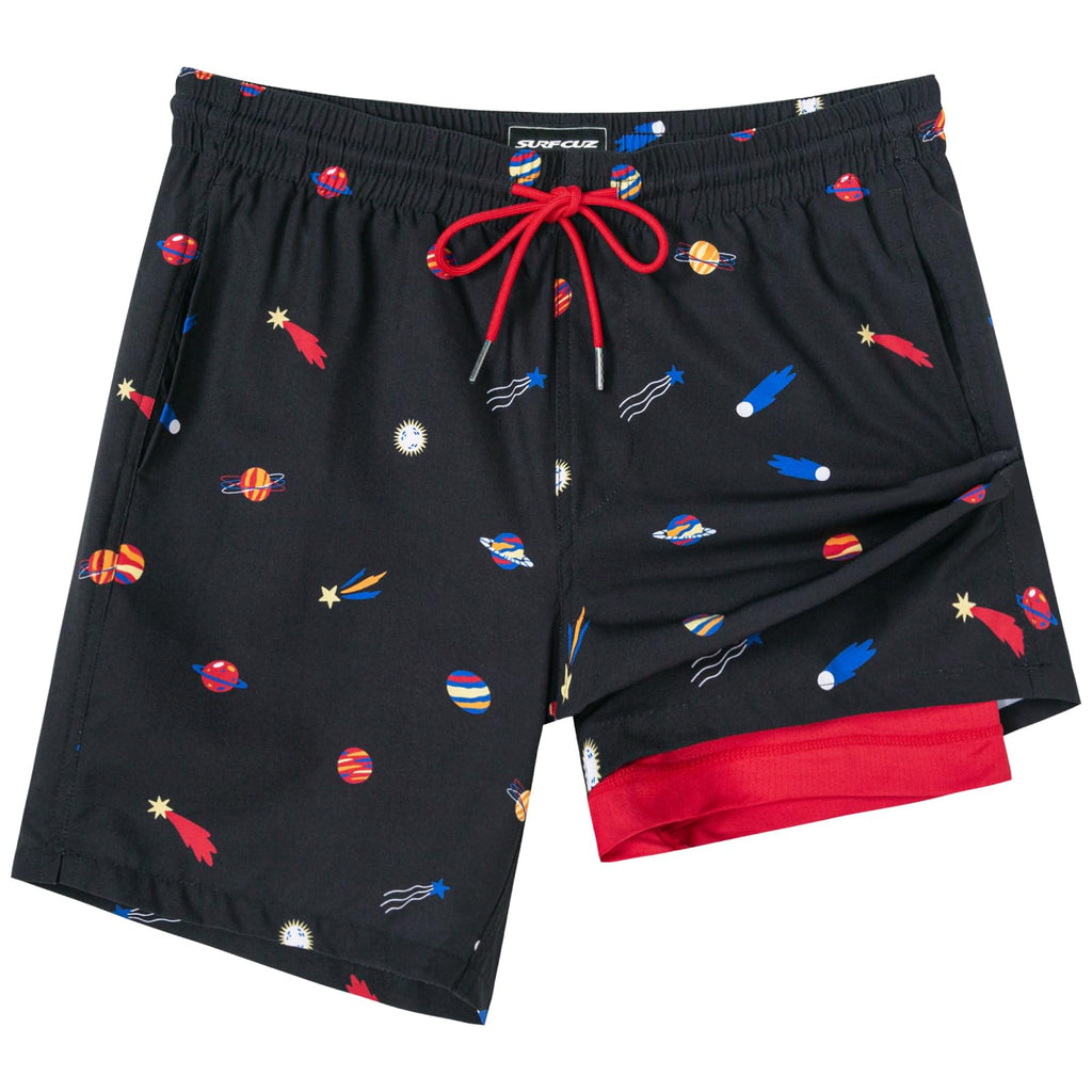 SURF CUZ Mens Swim Trunks with Compression Liner Quick Dry Swim Shorts 7" Swimming Trunks Stretch Zipper Pockets,Starwalk,XS