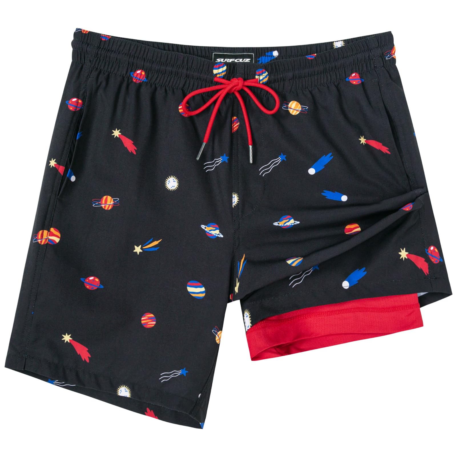 SURF CUZ Mens Swim Trunks with Compression Liner Quick Dry Swim Shorts 7" Swimming Trunks Stretch Zipper Pockets,Starwalk,XS