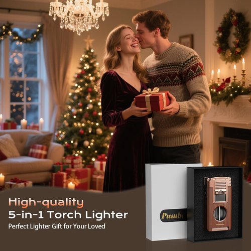 Torch Lighter with Cutter, Punch, Holder, Draw Enhancer Tool, and Dual Windproof Jet Flames, Refillable Butane Lighters with Gift Box, Multi-Function Lighter Accessories, Cool Lighters for Men