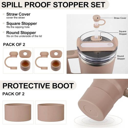 HYZ Silicone Spill Proof Stopper Set - 8 Piece Accessories for Stanley H2.0 Tumblers | Almond Rose
